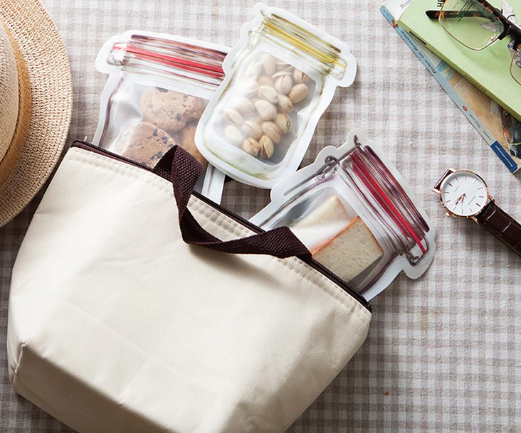 Reusable Mason Jar Zipper Bags Grocery Bag Candy Jar Food Storage Bags Portable Nuts Cookies Bag Kitchen Food Snacks Sealed - NINI SHOP