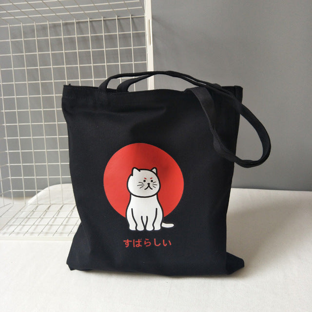Cute Cat Canvas Bags Eco Reusable Shopping Bags With Zipper - NINI SHOP