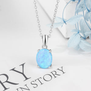925 Sterling Silver Pendant Necklaces Created Oval White Pink Blue Opal Necklace - NINI SHOP