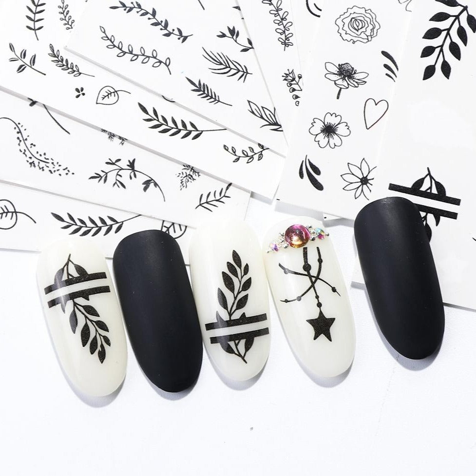 1PC Water Nail Stickers Decal Black Flowers Leaf Transfer Nail Art Decorations - NINI SHOP