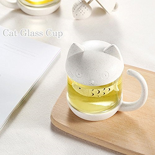 Cat Glass Tea Mug Cup with Fish Tea Infuser Strainer Filter 250ML (White) - NINI SHOP