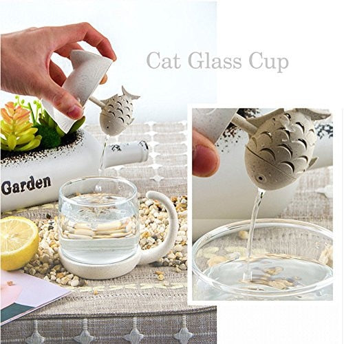 Cat Glass Tea Mug Cup with Fish Tea Infuser Strainer Filter 250ML (White) - NINI SHOP