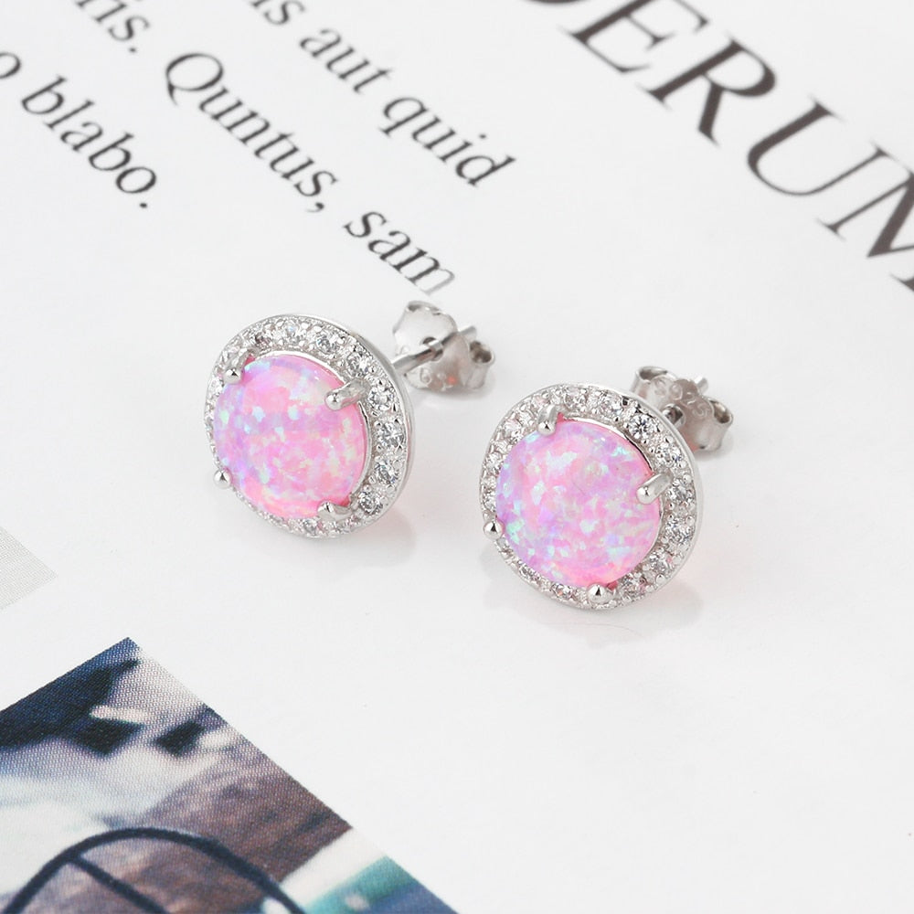 925 Sterling Silver Round White Pink Blue Opal Earrings with Cubic Zirconia - NINI SHOP