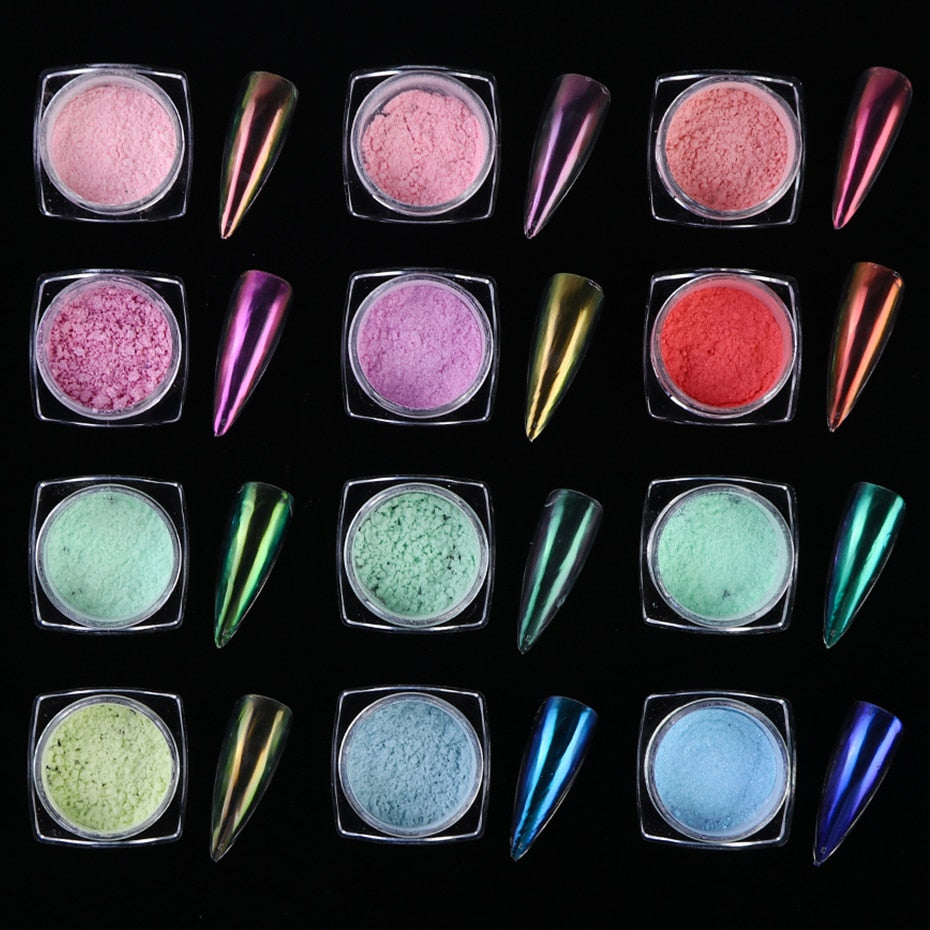 12PCS Transparent Nail Mirror Glitter Powder Neon Colourful Chrome Pigment - NINI SHOP