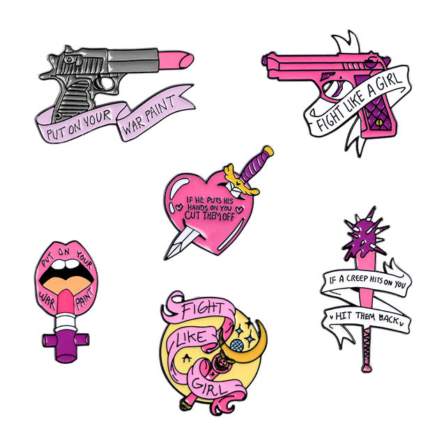 Fight Like a Girl Enamel Pins Custom Lipstick Gun Magic Wand Brooches - NINI SHOP