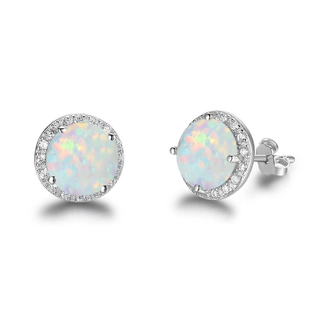 925 Sterling Silver Round White Pink Blue Opal Earrings with Cubic Zirconia - NINI SHOP