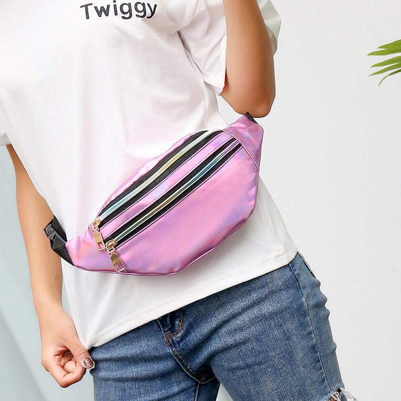 Holographic Waist Bags Women Pink Silver Belt Bag - NINI SHOP